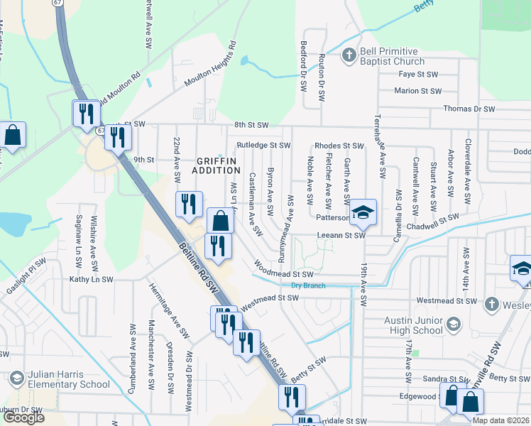 map of restaurants, bars, coffee shops, grocery stores, and more near 1304 Castleman Avenue Southwest in Decatur