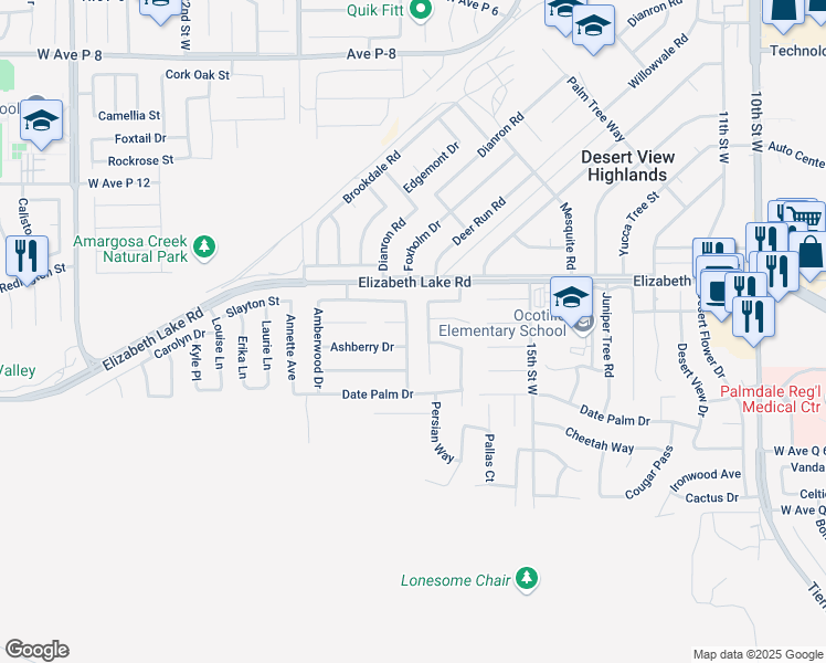 map of restaurants, bars, coffee shops, grocery stores, and more near 38706 Highmeadow Drive in Palmdale