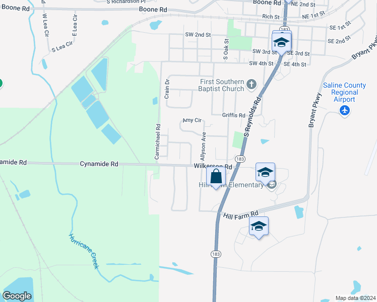 map of restaurants, bars, coffee shops, grocery stores, and more near 725 Elkhart Loop in Bryant