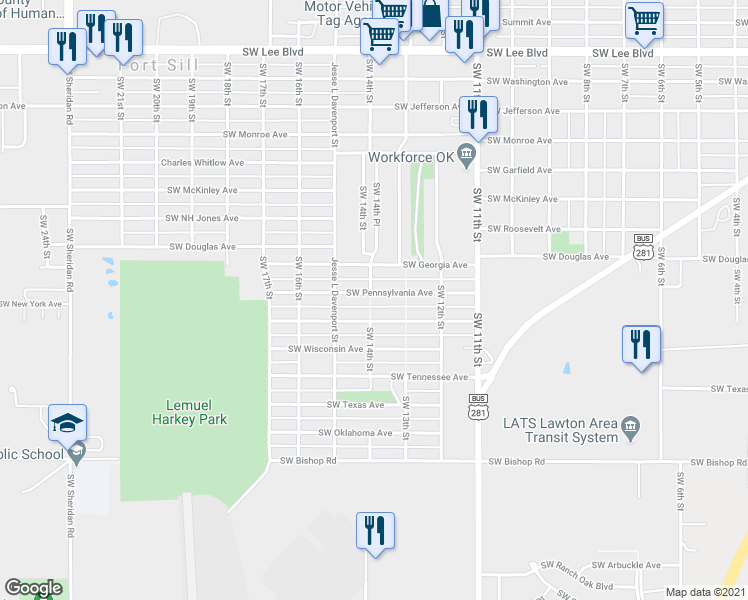 map of restaurants, bars, coffee shops, grocery stores, and more near 1316 Southwest Pennsylvania Avenue in Lawton