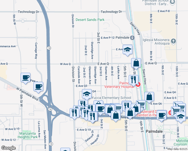 map of restaurants, bars, coffee shops, grocery stores, and more near 38650 Glenraven Avenue in Palmdale