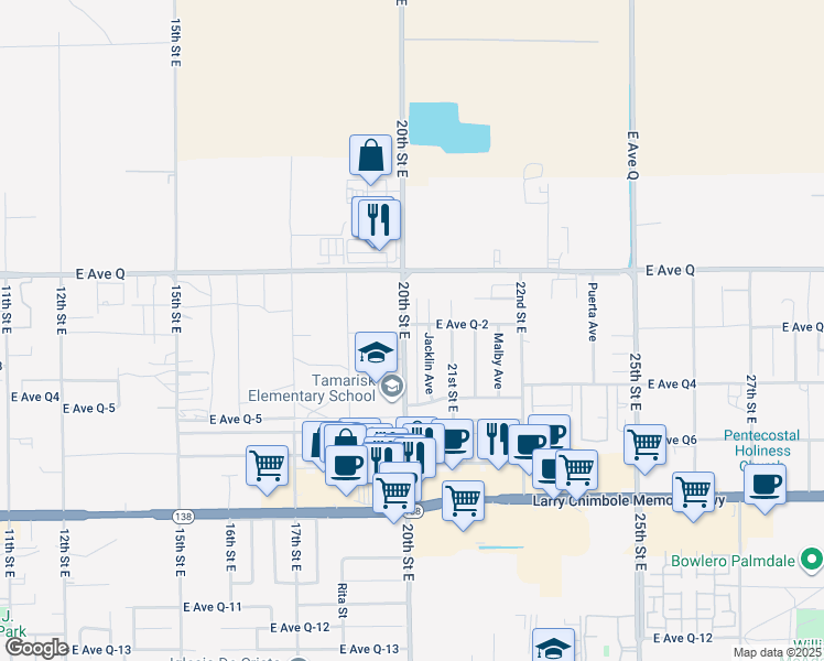 map of restaurants, bars, coffee shops, grocery stores, and more near 38724 20th Street East in Palmdale