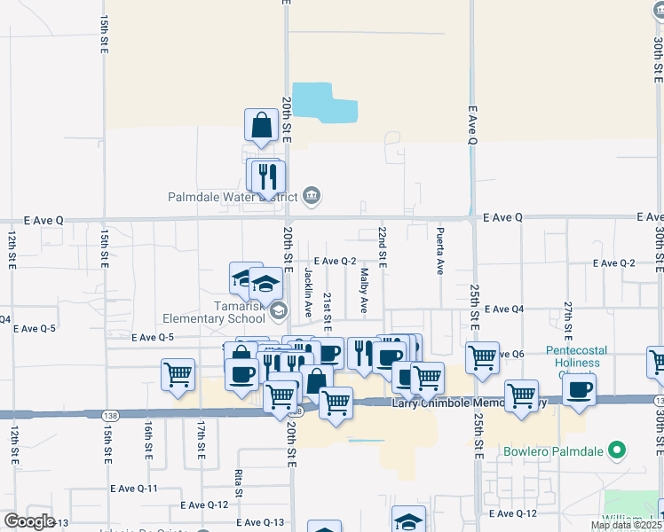 map of restaurants, bars, coffee shops, grocery stores, and more near 38654 21st Street East in Palmdale