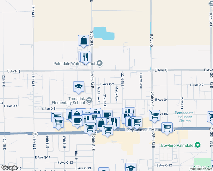 map of restaurants, bars, coffee shops, grocery stores, and more near 38654 21st Street East in Palmdale