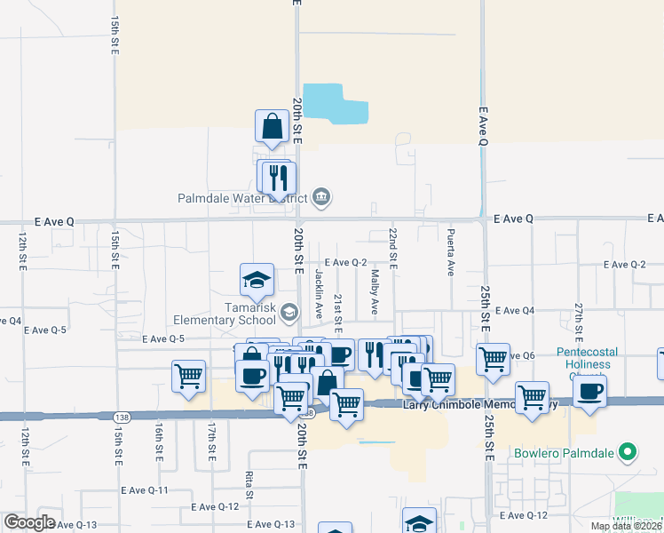 map of restaurants, bars, coffee shops, grocery stores, and more near 38654 21st Street East in Palmdale