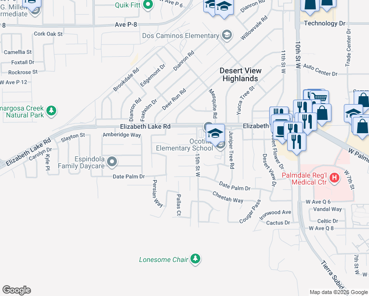 map of restaurants, bars, coffee shops, grocery stores, and more near 1550 Bengal Court in Palmdale