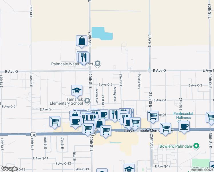map of restaurants, bars, coffee shops, grocery stores, and more near 38654 21st Street East in Palmdale