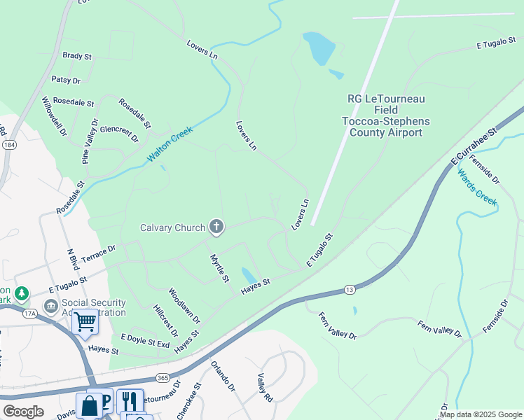 map of restaurants, bars, coffee shops, grocery stores, and more near 1573 East Tugalo Street in Toccoa
