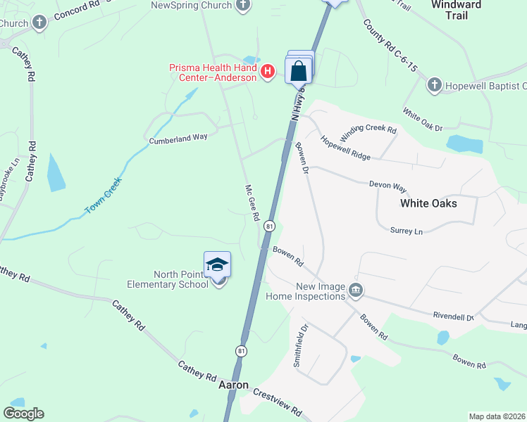 map of restaurants, bars, coffee shops, grocery stores, and more near 3421 South Carolina 81 in Anderson