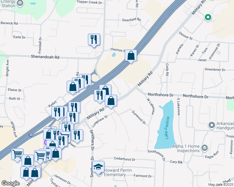 map of restaurants, bars, coffee shops, grocery stores, and more near 2314 Military Road in Benton