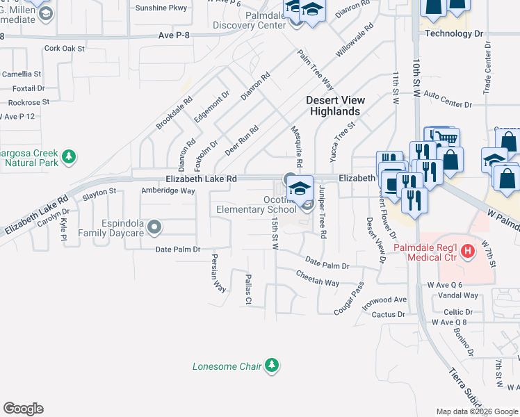 map of restaurants, bars, coffee shops, grocery stores, and more near 1524 Bengal Court in Palmdale