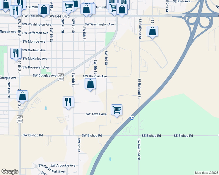 map of restaurants, bars, coffee shops, grocery stores, and more near 2102 Southwest 3rd Street in Lawton