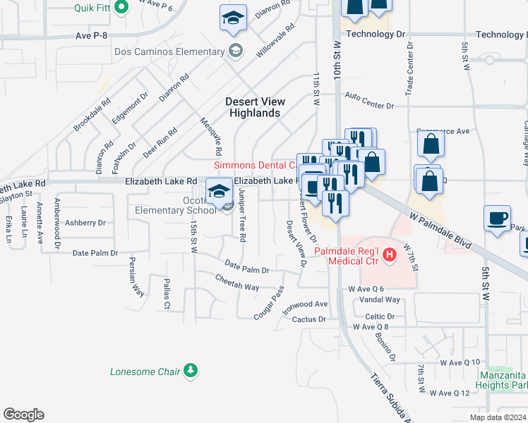 map of restaurants, bars, coffee shops, grocery stores, and more near 38710 Yucca Tree Street in Palmdale