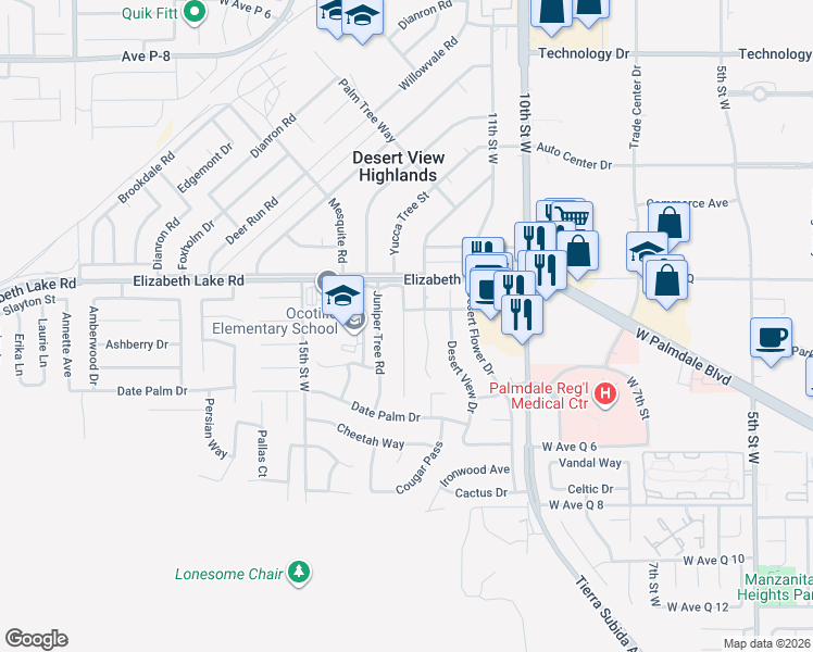 map of restaurants, bars, coffee shops, grocery stores, and more near 38710 Yucca Tree Street in Palmdale