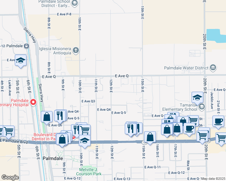 map of restaurants, bars, coffee shops, grocery stores, and more near 38702 12th Street East in Palmdale