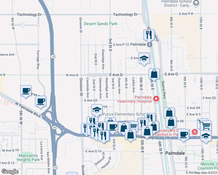 map of restaurants, bars, coffee shops, grocery stores, and more near 38652 Stanridge Avenue in Palmdale