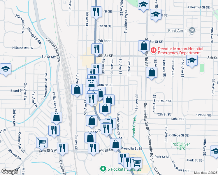 map of restaurants, bars, coffee shops, grocery stores, and more near 1406 7th Avenue Southeast in Decatur