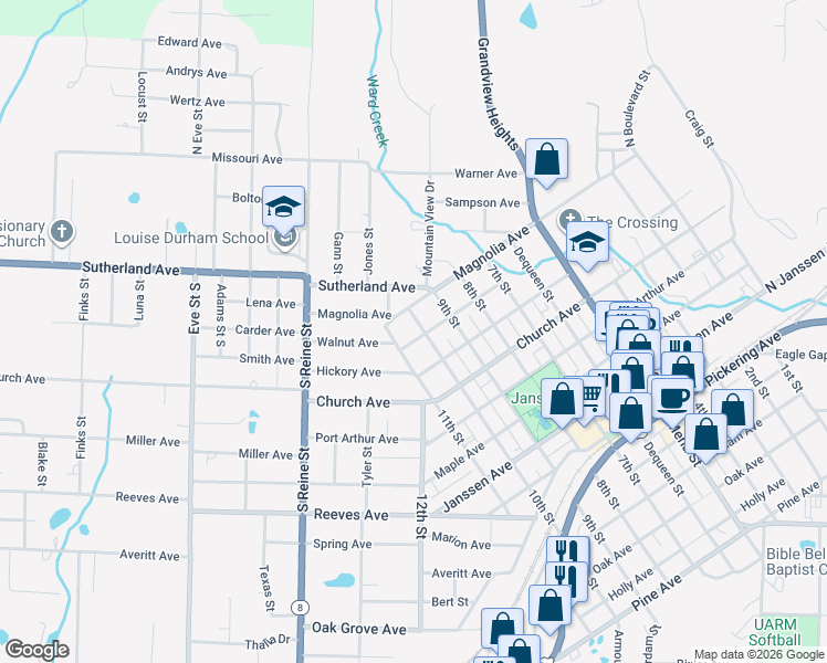 map of restaurants, bars, coffee shops, grocery stores, and more near 109 10th Street in Mena