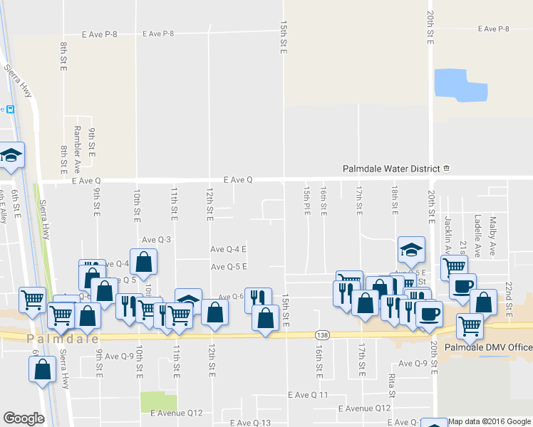 map of restaurants, bars, coffee shops, grocery stores, and more near 1335 East Avenue Q2 in Palmdale