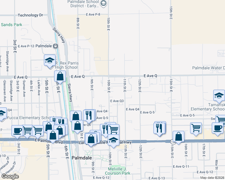 map of restaurants, bars, coffee shops, grocery stores, and more near 38700 10th Street East in Palmdale