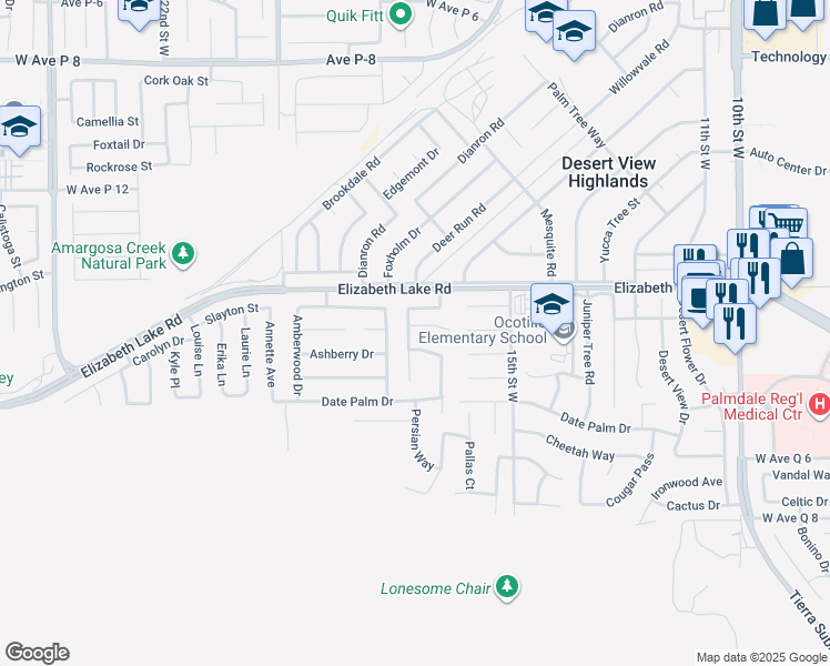 map of restaurants, bars, coffee shops, grocery stores, and more near 1650 Balinese Court in Leona Valley