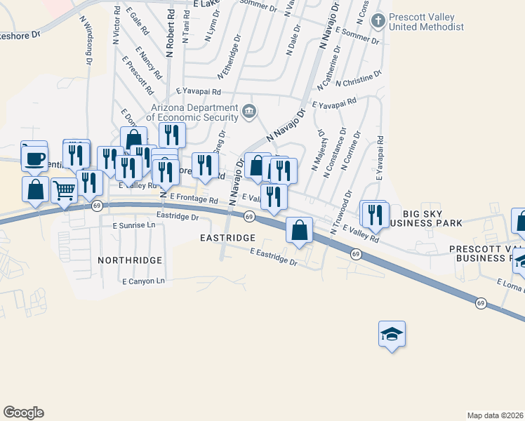 map of restaurants, bars, coffee shops, grocery stores, and more near 8600 East Frontage Road in Prescott Valley
