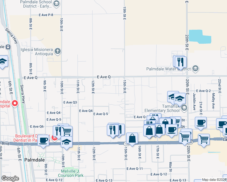 map of restaurants, bars, coffee shops, grocery stores, and more near 1335 East Avenue Q2 in Palmdale