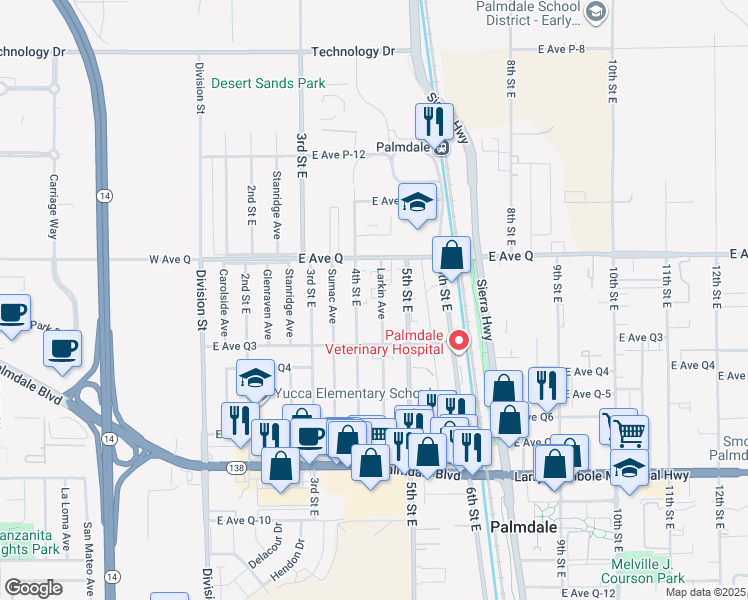 map of restaurants, bars, coffee shops, grocery stores, and more near 38647 Larkin Avenue in Palmdale