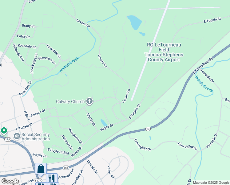 map of restaurants, bars, coffee shops, grocery stores, and more near 1573 East Tugalo Street in Toccoa