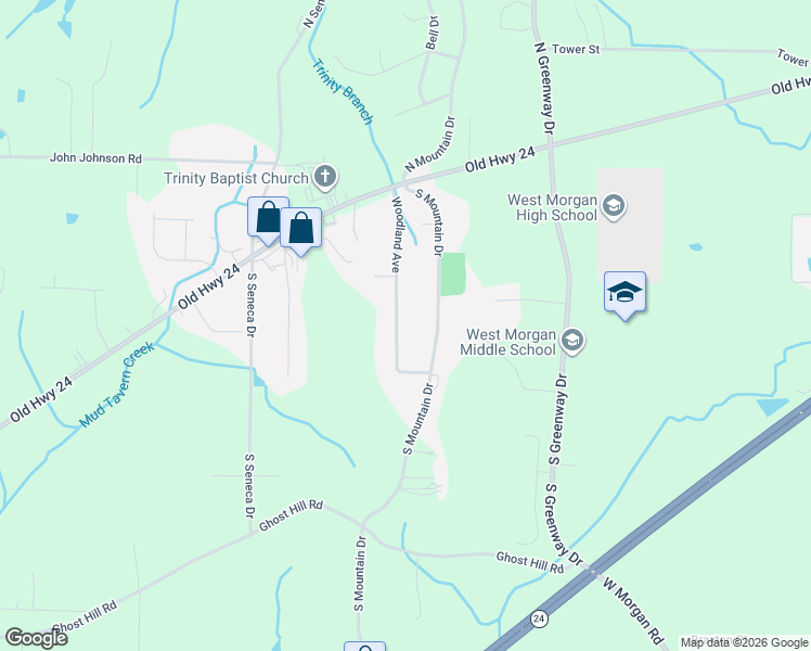 map of restaurants, bars, coffee shops, grocery stores, and more near 88 Woodland Avenue in Trinity