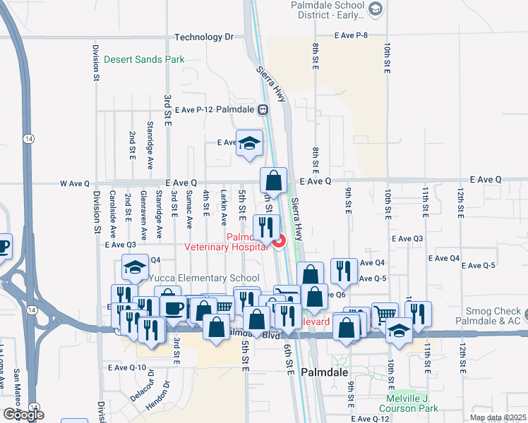 map of restaurants, bars, coffee shops, grocery stores, and more near 38701 6th Street East in Palmdale