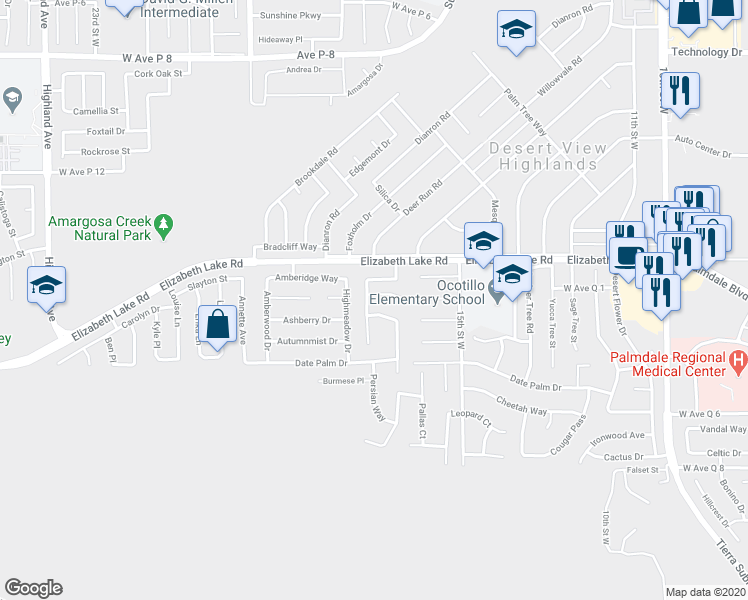 map of restaurants, bars, coffee shops, grocery stores, and more near 1650 Balinese Court in Leona Valley