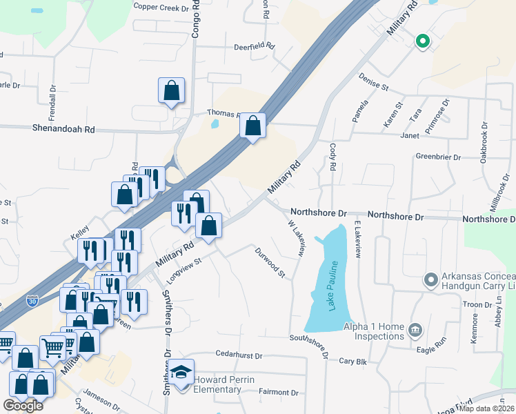 map of restaurants, bars, coffee shops, grocery stores, and more near 2402 Military Road in Benton