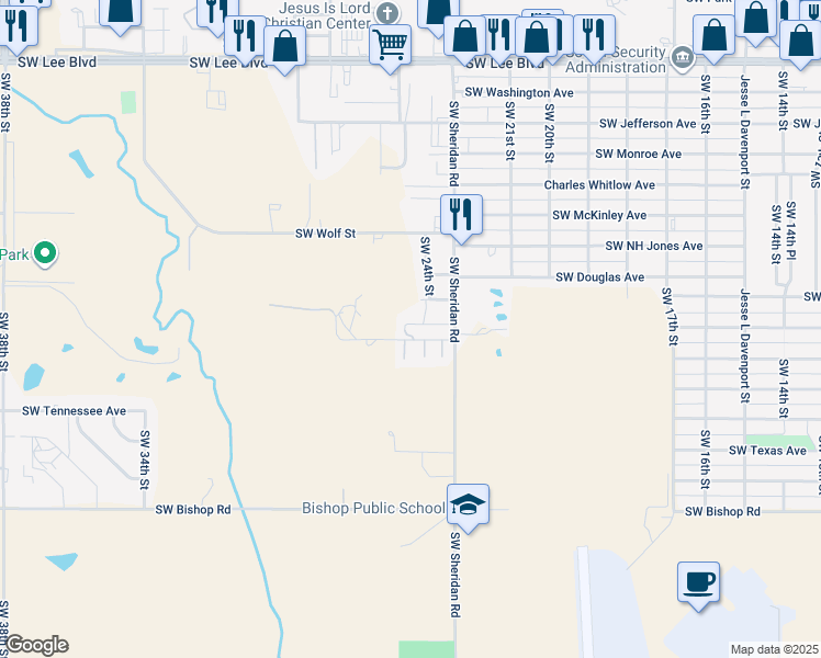 map of restaurants, bars, coffee shops, grocery stores, and more near 2320 Southwest Pennsylvania Avenue in Lawton