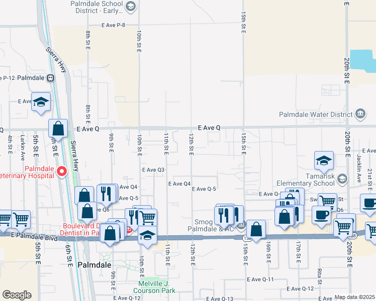 map of restaurants, bars, coffee shops, grocery stores, and more near 38707 12th Street East in Palmdale