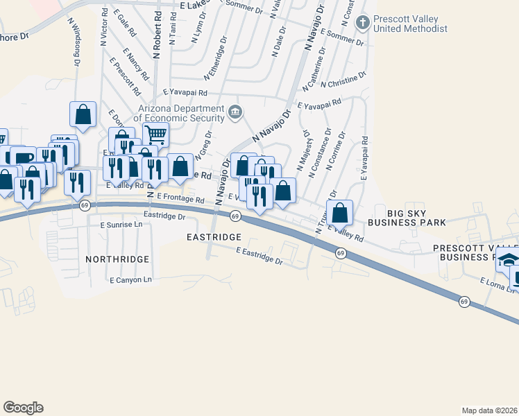 map of restaurants, bars, coffee shops, grocery stores, and more near 8600 East Frontage Road in Prescott Valley