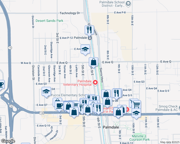 map of restaurants, bars, coffee shops, grocery stores, and more near 38701 6th Street East in Palmdale