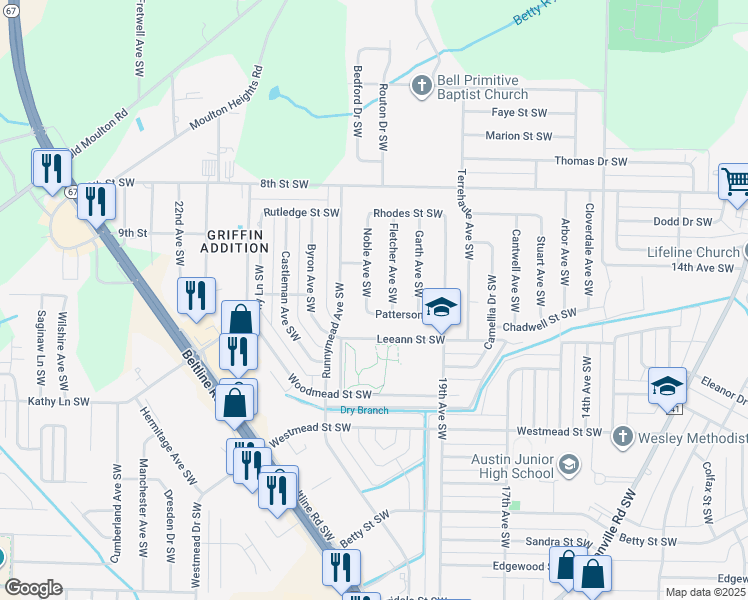 map of restaurants, bars, coffee shops, grocery stores, and more near 1313 Noble Avenue Southwest in Decatur