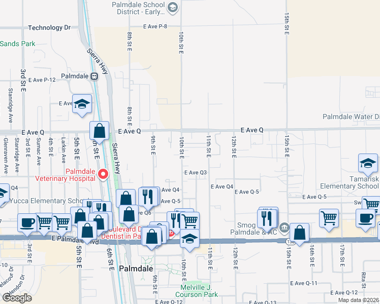 map of restaurants, bars, coffee shops, grocery stores, and more near 38636 10th Street East in Palmdale