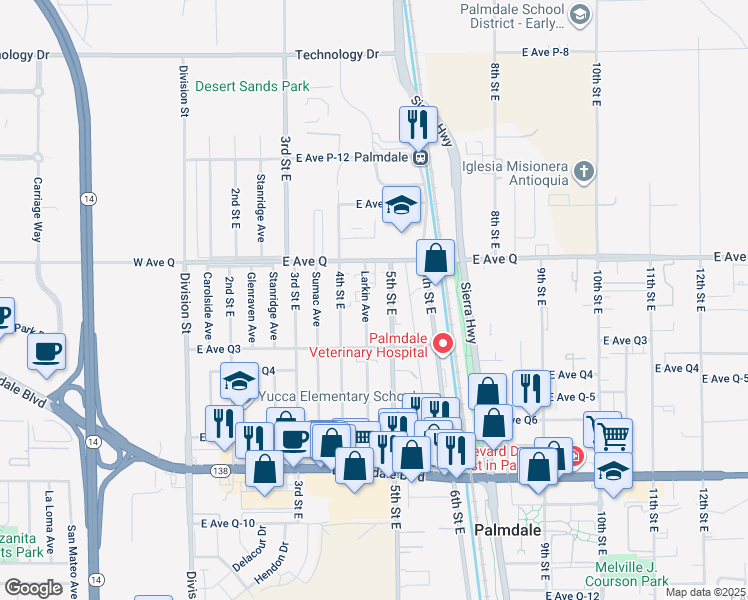 map of restaurants, bars, coffee shops, grocery stores, and more near 38647 Larkin Avenue in Palmdale
