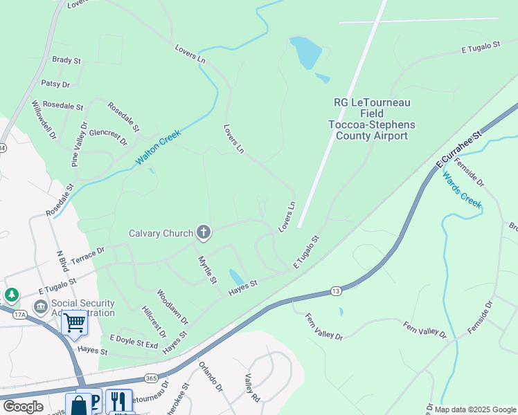 map of restaurants, bars, coffee shops, grocery stores, and more near 1573 East Tugalo Street in Toccoa
