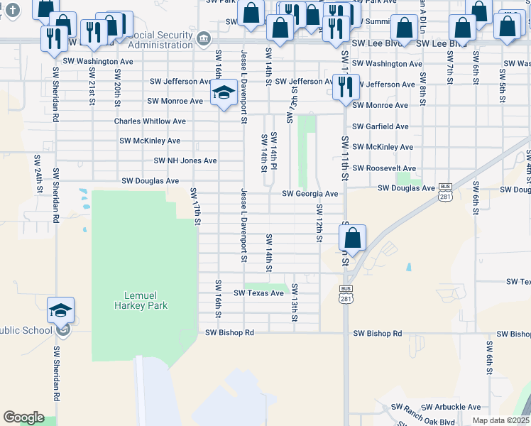 map of restaurants, bars, coffee shops, grocery stores, and more near 1316 Southwest Pennsylvania Avenue in Lawton