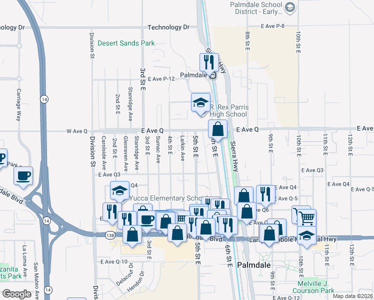 map of restaurants, bars, coffee shops, grocery stores, and more near 38708 Larkin Avenue in Palmdale
