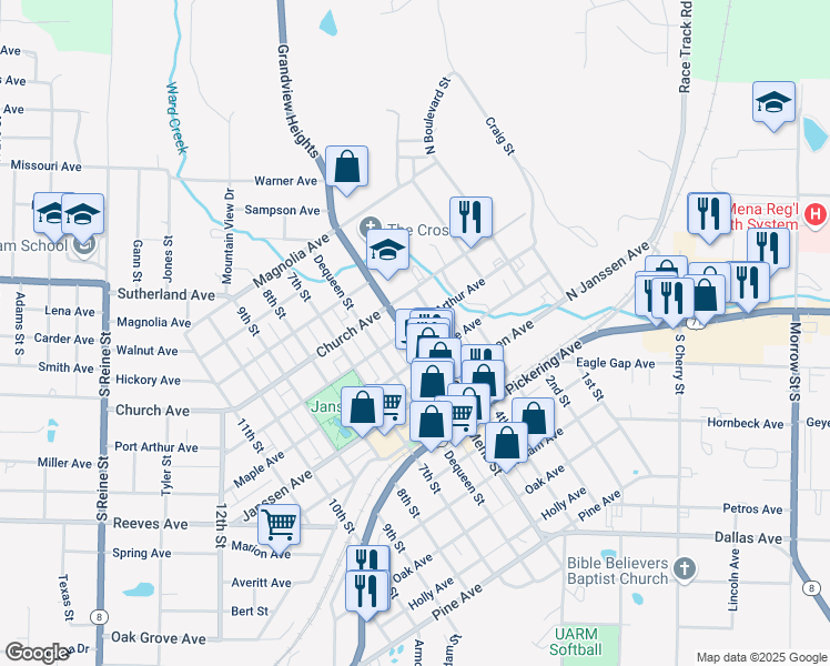 map of restaurants, bars, coffee shops, grocery stores, and more near 500 Mena Street in Mena
