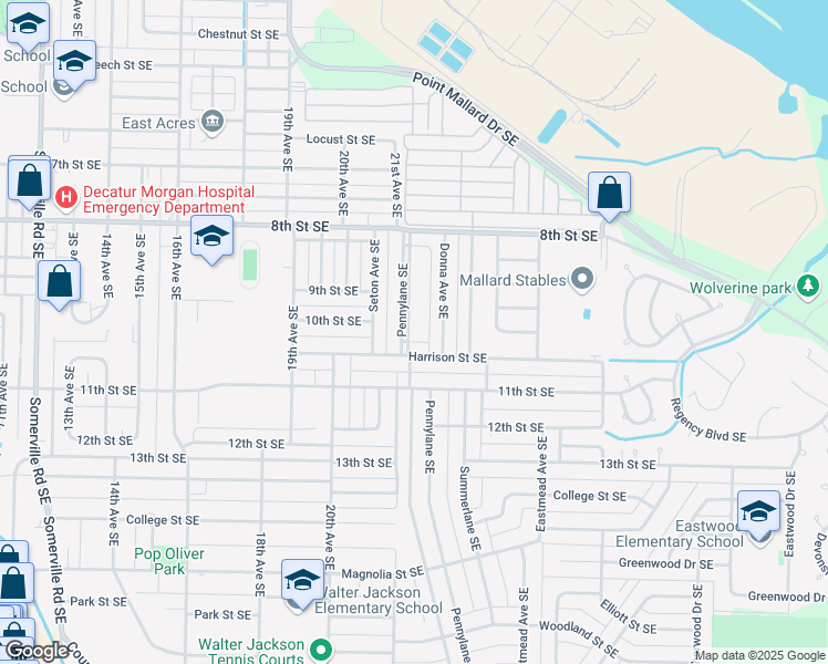 map of restaurants, bars, coffee shops, grocery stores, and more near 2104 Harrison Street Southeast in Decatur