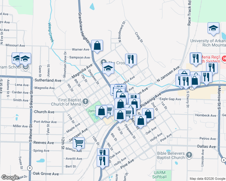map of restaurants, bars, coffee shops, grocery stores, and more near 496 Mena Street in Mena