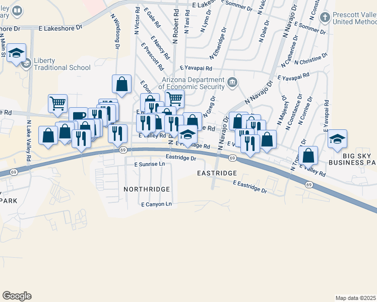 map of restaurants, bars, coffee shops, grocery stores, and more near in Prescott Valley