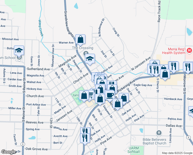map of restaurants, bars, coffee shops, grocery stores, and more near 500 Mena Street in Mena