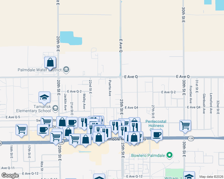 map of restaurants, bars, coffee shops, grocery stores, and more near 38714 Puerta Avenue in Palmdale