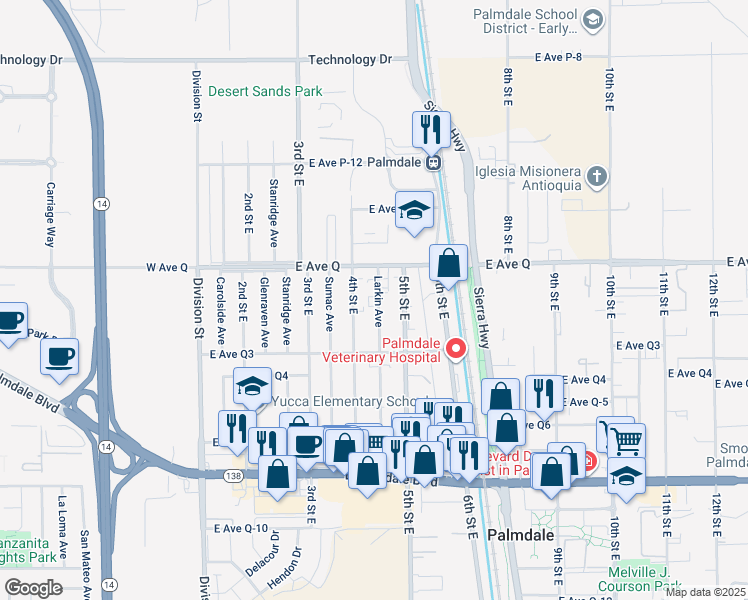 map of restaurants, bars, coffee shops, grocery stores, and more near 38715 Larkin Avenue in Palmdale